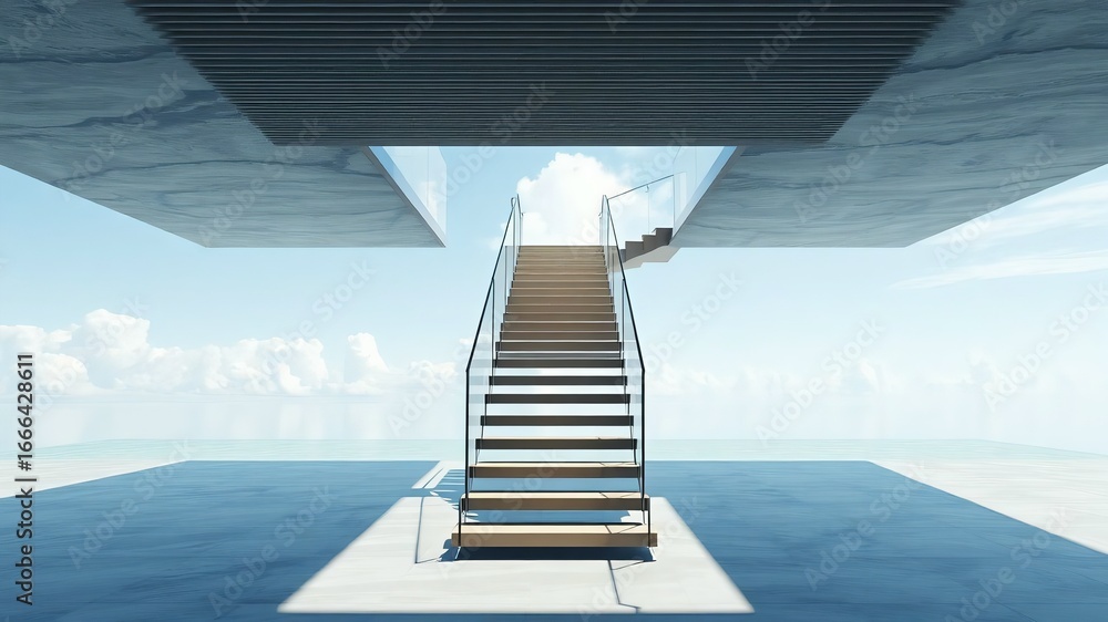 Fototapeta premium Modern architectural staircase leading to the sky with clouds and ocean views