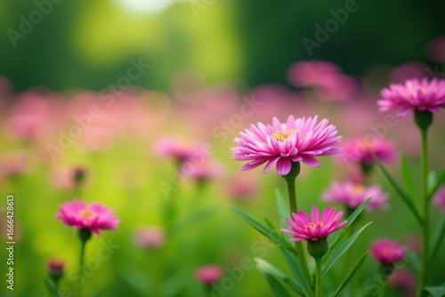 Clusters of pink New York asters in a field, gently blurred greenery , vibrant, fresh, ny
