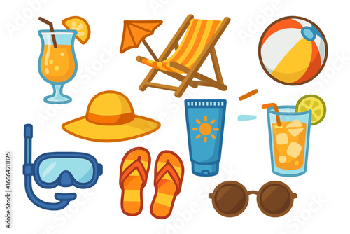 Vector icon set for summer vacation and beach travel. Holiday accessories for relaxation and leisure. Sunscreen, cocktail, chair, ball, hat, sunglasses, snorkel, cartoon graphic.