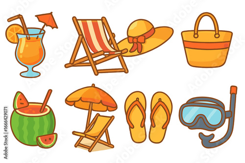 Summer vacation beach icon set. Vector cartoon collection with cocktail, lounge chair, sun hat, bag, watermelon drink, umbrella, flip flops, snorkel. Travel and leisure items.