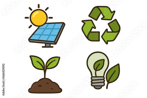Eco icons set. Sustainable energy concept. Solar panel, recycling symbol, plant sprout, green light bulb. Ecology, renewable power, environment friendly vector illustration.