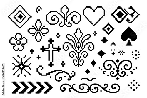 Pixel art set decorative elements. 8-bit embroidery cross-stitch design. Retro video game assets. Black white vector icons. Heart, cross, spade, flower, ornament symbol.