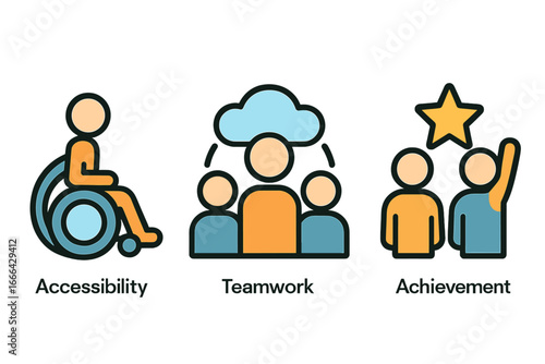Set of business icons representing accessibility, teamwork, achievement. Vector graphic concepts of diversity, inclusion, disability, collaboration, partnership, success, and goals.