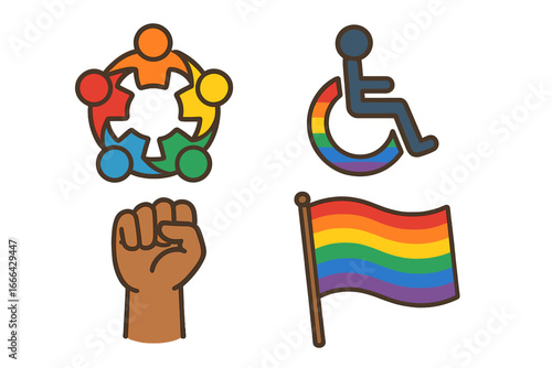 Inclusivity icons. Rainbow pride flag, disabled access, protest fist, community circle. Vector symbols for diversity, equality, accessibility, BLM, LGBTQ rights, social justice.