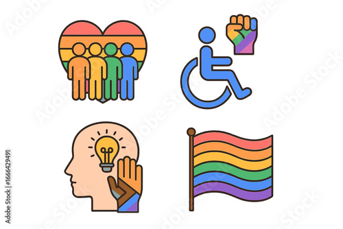 Vector icon set of diversity and inclusivity symbols. LGBTQ pride flag, accessibility sign, neurodiversity, and community support concepts. Social justice and human rights icons.