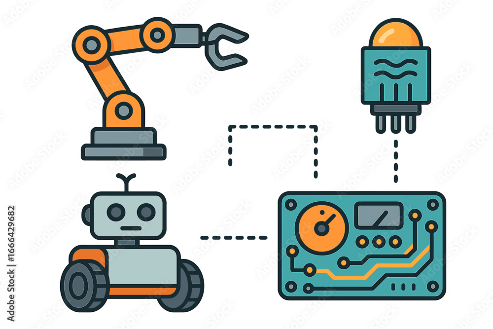 Fototapeta premium Robotics engineering vector icon set. Diagram of automated system components with industrial robotic arm, mobile bot, sensor and electronic circuit board control panel.