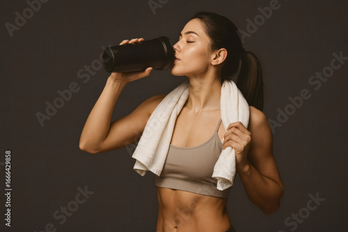 A woman with a towel around her neck drinks from a bottle, wearing sportswear.