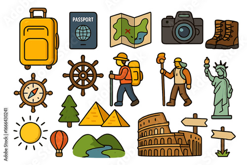 Travel and adventure icon set. Tourism essentials for vacation and journey. Famous landmarks like the Statue of Liberty, Pyramids, and Colosseum. Hiking and exploration symbols.