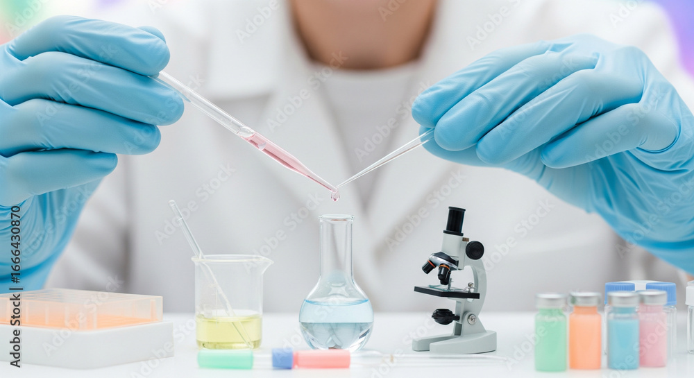 Fototapeta premium A scientist with gloved hands manipulates a cute miniature laboratory instrument filled with pastel-colored liquid.
