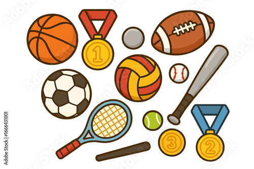Sports equipment and medals vector icon set. Cartoon collection of basketball, soccer, football, volleyball, baseball, and tennis items for competition or championship design.