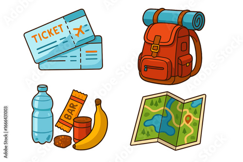 Travel essentials icon set for adventure and tourism. Vector cartoon illustration of backpack, map, airline ticket, food and water for hiking, camping or vacation journey.