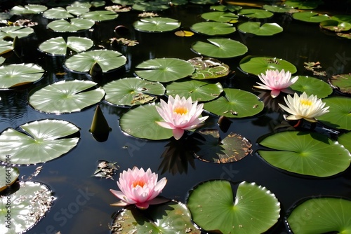 Water Lilies and Lily Pads on a Teal Pond 