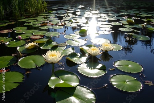 Water Lilies and Lily Pads on a Teal Pond 