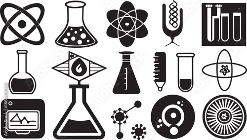 A collection of black silhouette chemistry icons and science symbols for lab equipment illustration design