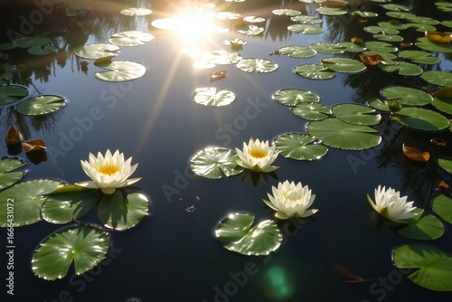 Water Lilies and Lily Pads on a Teal Pond 