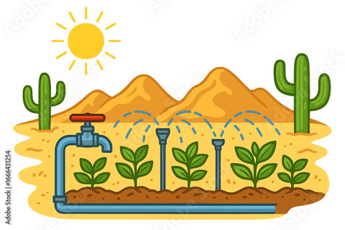 Desert farming with drip irrigation system. Vector concept of sprinklers watering plants in an arid landscape. Agriculture technology, cultivation, and growth with sun & cactus.