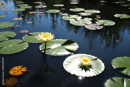Water Lilies and Lily Pads on a Teal Pond 