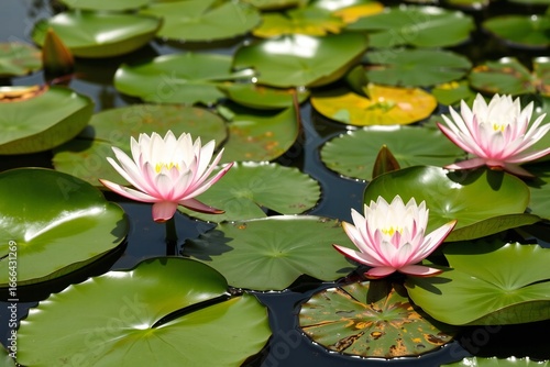 Water Lilies and Lily Pads on a Teal Pond 