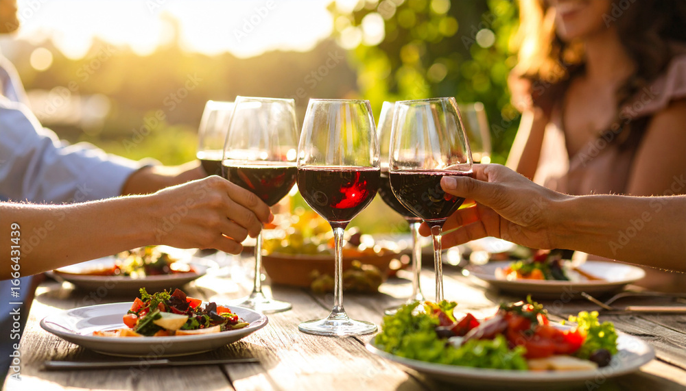 Obraz premium Friends toasting under the sunset with wine and food