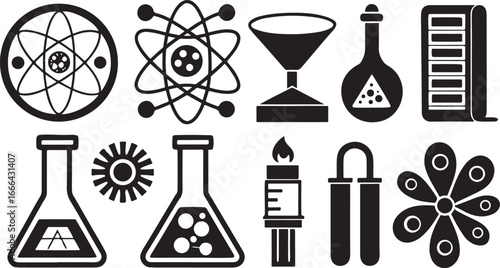 Chemical icons featuring laboratory glassware, wine bottles, and other scientific and drink-related illustrations form a distinctive vector set