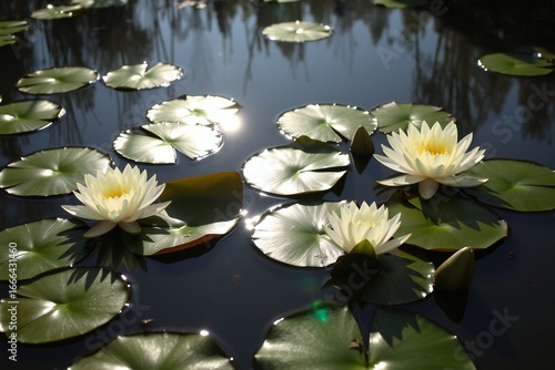 Water Lilies and Lily Pads on a Teal Pond 