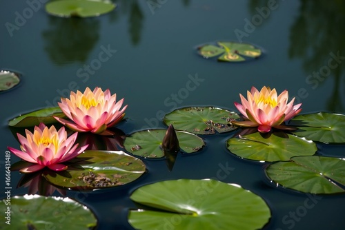 Water Lilies and Lily Pads on a Teal Pond 