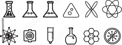 Vector icon set of scientific laboratory glassware and medical research equipment