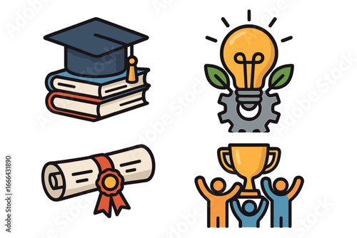 Education icon set for learning, success, and graduation. Vector symbols of teamwork with trophy, diploma, innovative idea lightbulb. Academic and business achievement concept.