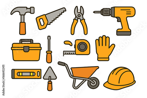Construction tools icon set. Workshop equipment for repair and building. Vector cartoon illustration of hammer, saw, drill, hard hat, toolbox. Flat design elements isolated.