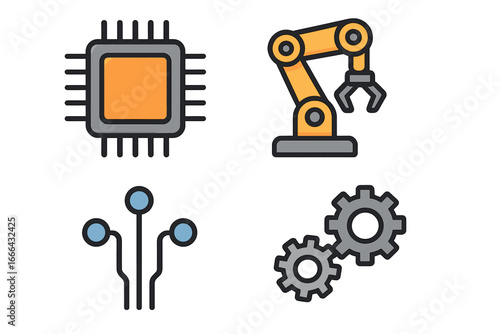 Technology vector icon set with microprocessor, robotic arm, circuit, and gears. Symbols for automation, manufacturing, AI, engineering, robotics, computing, and innovation.