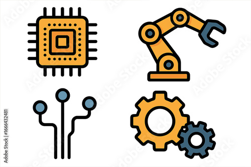 Technology icon set. Robotic arm, microprocessor CPU, gear and circuit symbols. Concept for automation, engineering, manufacturing, AI and industry. Vector illustration.