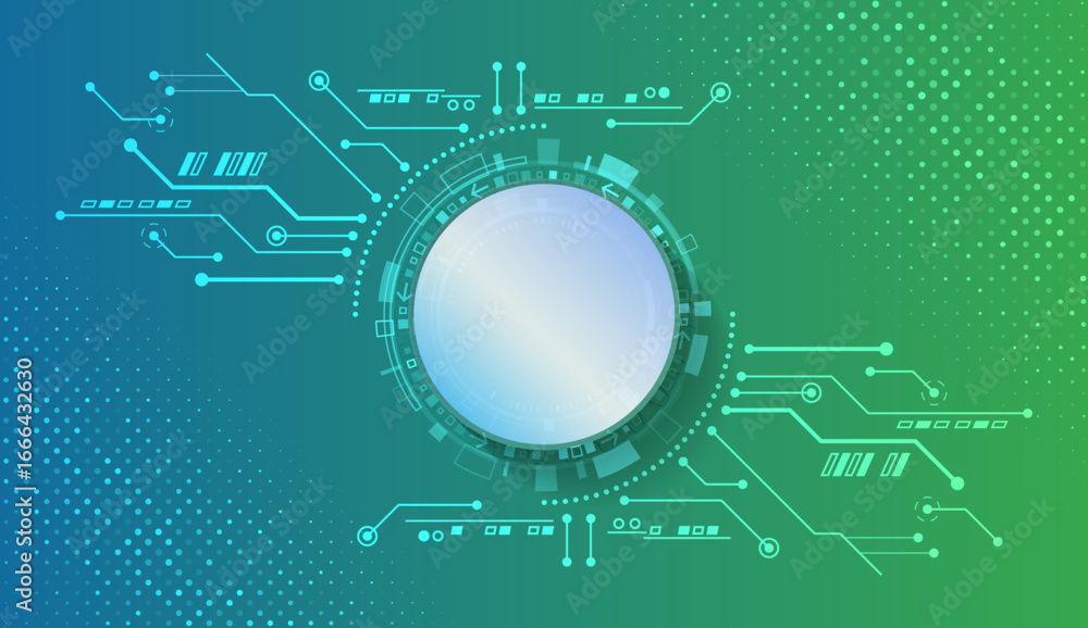 Technological green background with digital circuits, glowing circle and gradient design. Ideal for innovative, scientific, medical and high-tech projects.