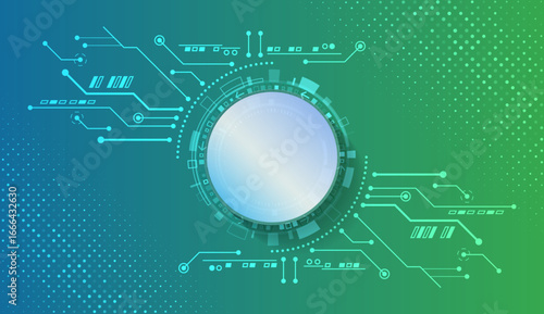 Technological green background with digital circuits, glowing circle and gradient design. Ideal for innovative, scientific, medical and high-tech projects.