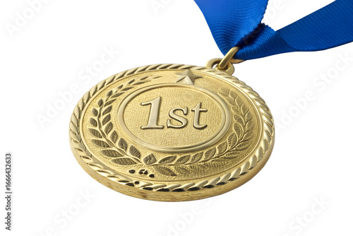 A Close-up View of a Gold First Place Medal with a Blue Ribbon, Symbolizing Victory and Achievement in Competition