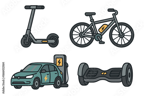 Eco friendly transport icon set. Electric car, e-bike, scooter, gyroscooter. Modern urban mobility and sustainable commuting solutions. Green energy vector cartoon collection.