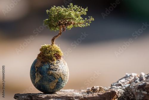 A solitary tree sprouting from the summit of a diminutive terrestrial globe.