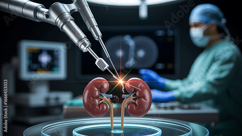 Robotic surgery precision advanced medical technology performing kidney operation with surgeon in background