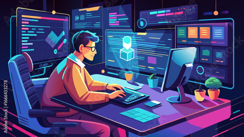 Programmer works within modern software company, glowing screens reflect lines of code, innovation breathes life, quiet concentration fuels creation, timeless vision of progress emerges from digital 