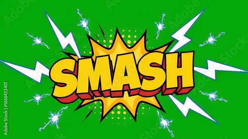 Animated comic explosion style text graphic element on green background