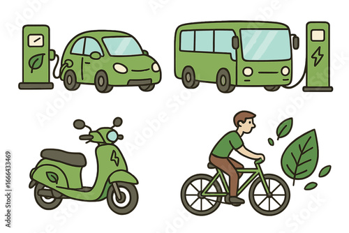 Electric vehicle sustainable transport icon set. Green mobility concept. EV car, bus, and scooter at charging station. Eco friendly man on bicycle. Vector cartoon illustration.