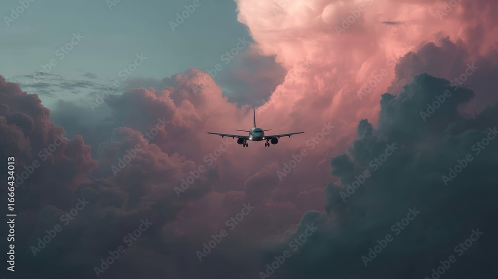 Fototapeta premium Lowangle shot of a passenger jet soaring through a colorful twilight sky filled with dramatic pink and blue clouds, emphasizing flight and freedom with ample copy space on the right