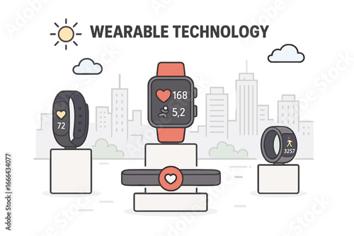 Wearable technology vector illustration. Smartwatch, fitness tracker band and smart ring for health monitoring. Gadgets showing heart rate, steps, activity. Modern electronic devices.
