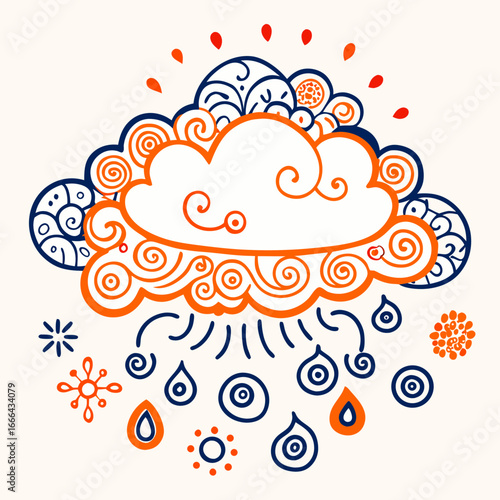 Folk Art Storm Cloud Illustration with Rain and Sunlight (Orange)