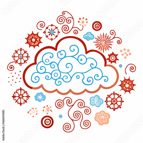 Folk Art Cloud Illustration with Sun and Snowflakes (Red and Blue)