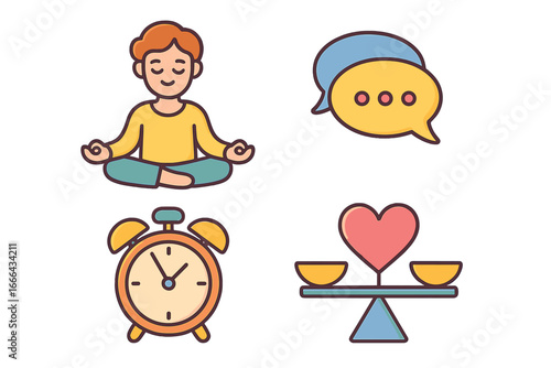 Wellness and mindfulness icon set. Person meditating, communication bubble, time management clock, and emotional balance heart scale. Mental health and self-care vector icons.
