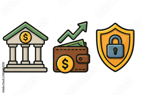 Digital financial technology icon set representing banking, investing, and security. Fintech concepts for secure transactions, financial protection, and investment growth. Vector.