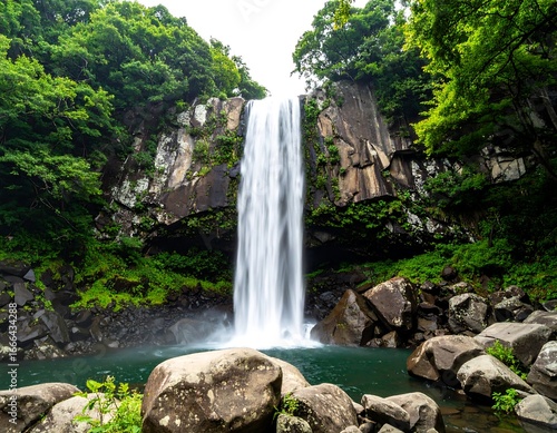 Majestic waterfall cascading down rocky cliffs into a tranquil pool