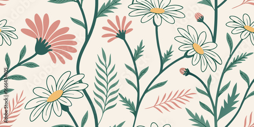 Wildflower and Daisy Seamless Pattern with Ladybug