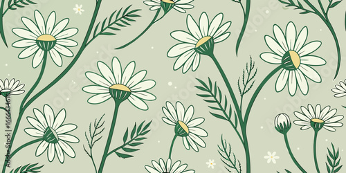 Hand-Drawn Daisy Flowers Seamless Pattern (Green Background)