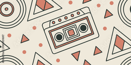 Retro 80s Geometric Pattern with Cassette Tape
